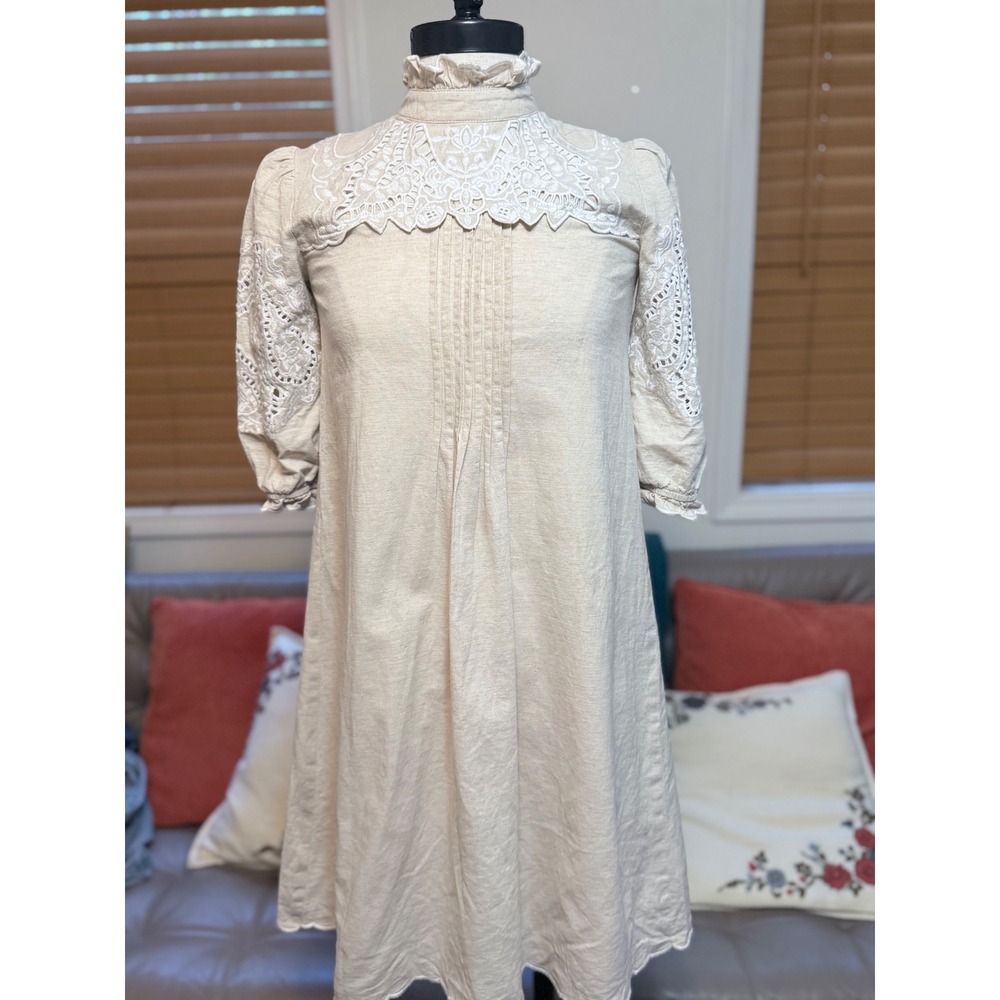 Porter Girls Beige Cotton Linen Eyelet Lace Victorian Ruffle Dress Size 12